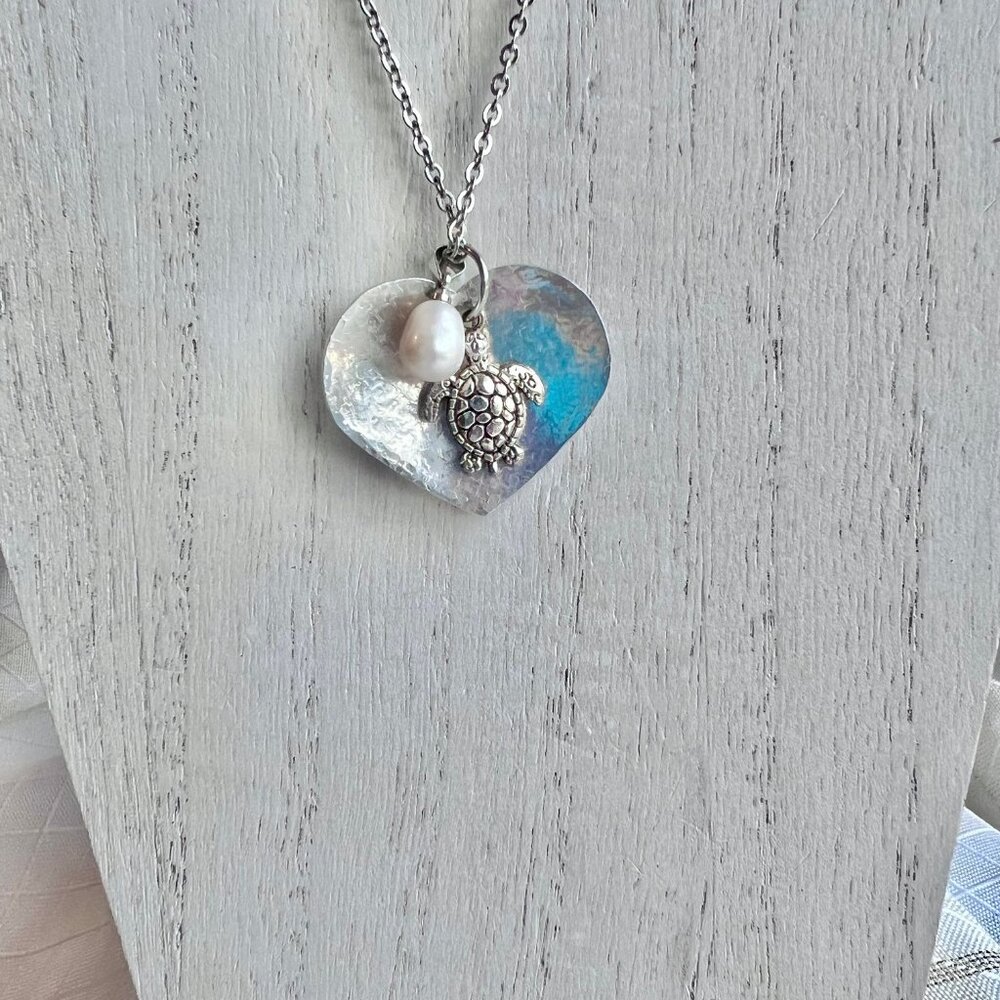 Tropic Beachy Nautical Necklace, Turtle Heart Pearl, Mixed Metal Necklace - Picture 14 of 15